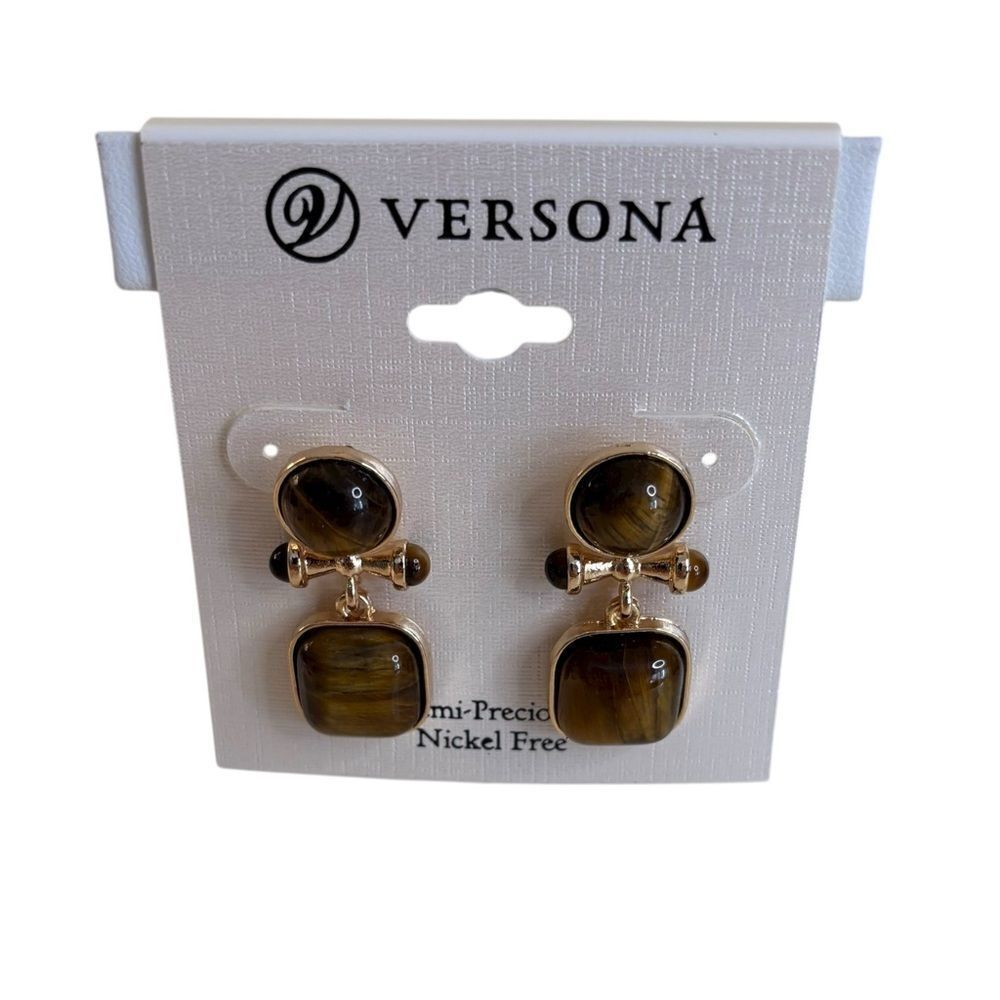 Rich Brown & Gold Tone Semi-Precious Dangle Earrings.